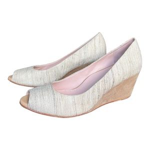 Taryn Rose Tweed Linen Blend and Leather Open Toe Wedge Heels in Ivory and Tan